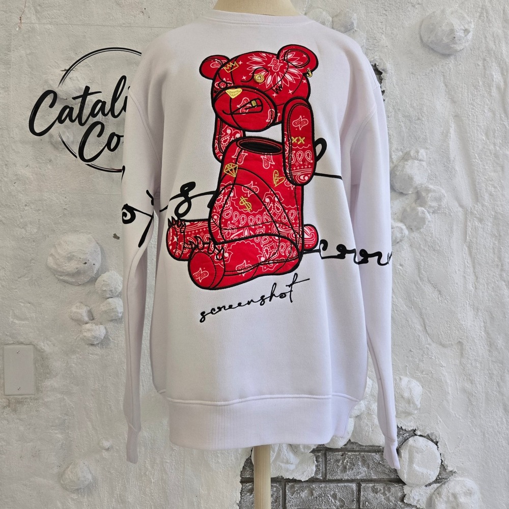 Screenshot Mens White Red Teddy Bear Graphic Sweatshirt Size L Streetwear Urban